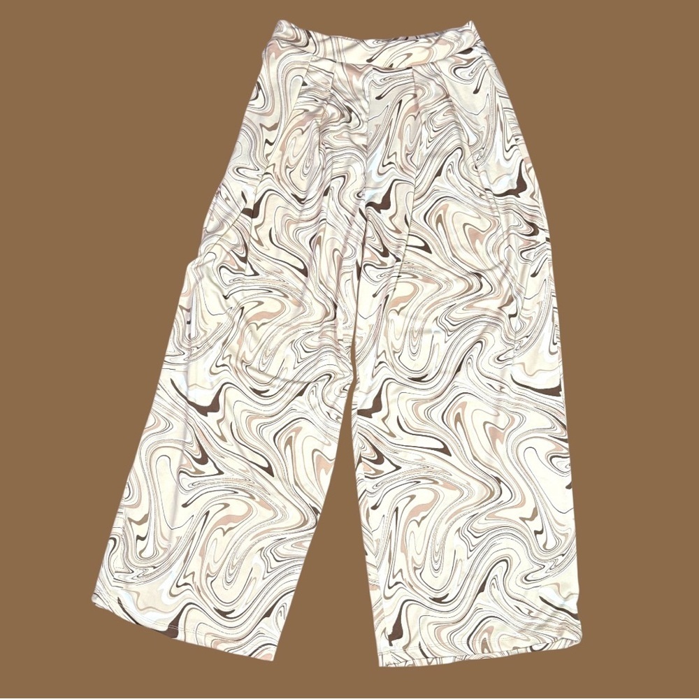 BlaShe Wide Leg Pants Womens M Beige Marble Swirl Pleated High Rise